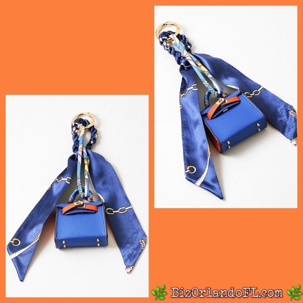 Malibu Sugar Mini Handbag Charm Orange & Blue Grained Faux Leather Purse Pendant